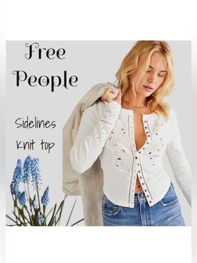 Free People Sidelines Knit & Appliqué Button-up Top in Ivory Size L NWT